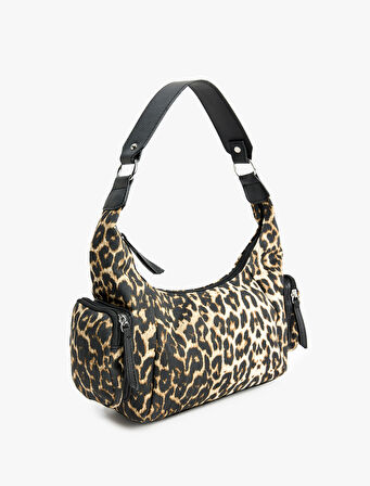 Leopar Desenli Fermuarlı Mini Cep Detaylı Omuz Çantası