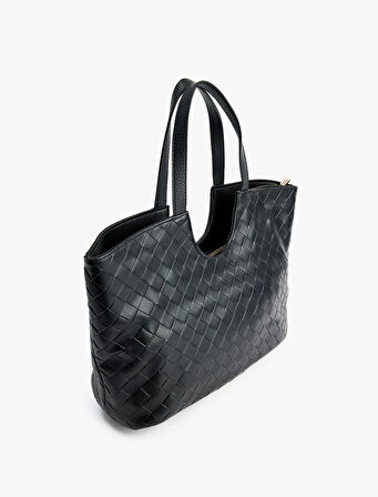 Örgü Dokulu Fermuarlı Saplı Büyük Tote Çanta