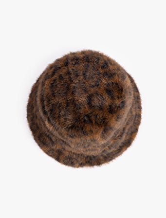 Leopar Desenli Suni Kürk Bucket Şapka