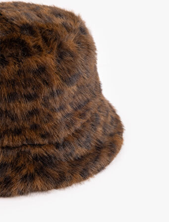 Leopar Desenli Suni Kürk Bucket Şapka