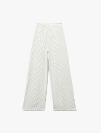 Cepli Pile Detaylı Çizgili Yüksek Bel Palazzo Pantolon