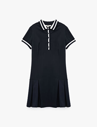 Yarım Düğmeli Pileli Kısa Kollu Mini Polo Yaka Elbise