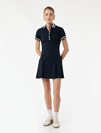 Yarım Düğmeli Pileli Kısa Kollu Mini Polo Yaka Elbise