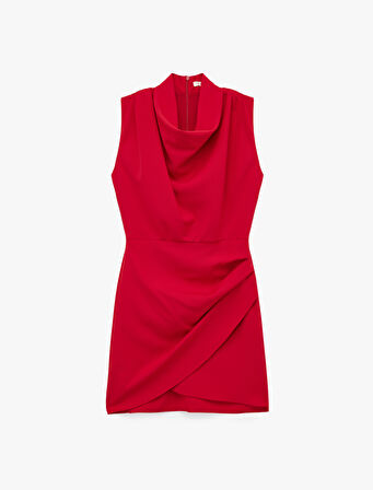 Drapeli Kolsuz Degaje Yaka Mini Elbise