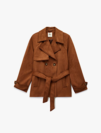 Kruvaze Yaka Cep Detaylı Kemerli Uzun Kollu Suni Süet Trençkot