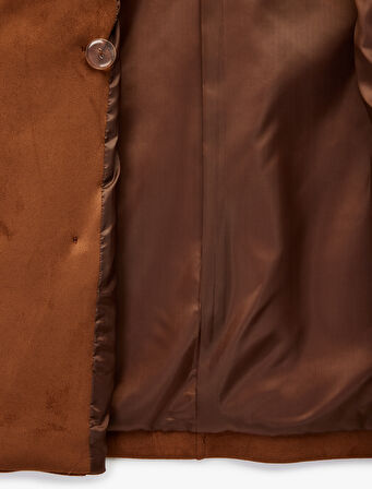 Kruvaze Yaka Cep Detaylı Kemerli Uzun Kollu Suni Süet Trençkot