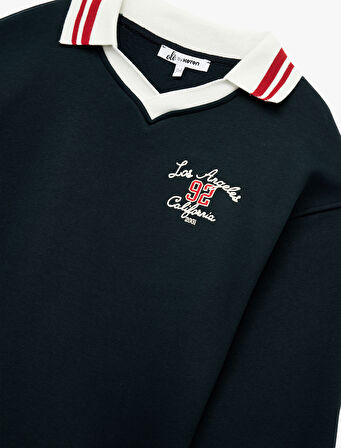 Nakış Detaylı Uzun Kollu Şardonlu Polo Yaka Oversize Sweatshirt