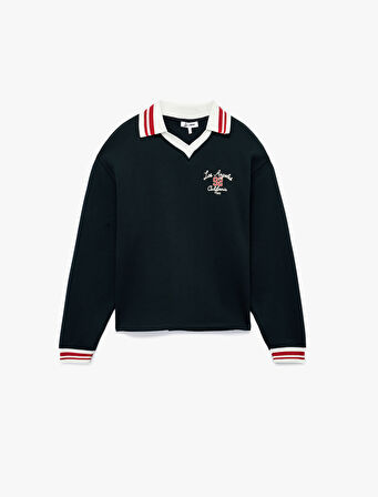 Nakış Detaylı Uzun Kollu Şardonlu Polo Yaka Oversize Sweatshirt