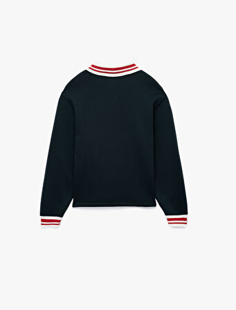 Nakış Detaylı Uzun Kollu Şardonlu Polo Yaka Oversize Sweatshirt