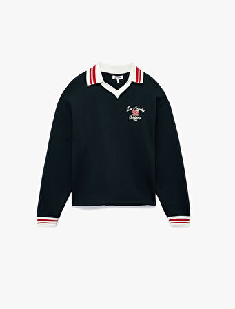 Nakış Detaylı Uzun Kollu Şardonlu Polo Yaka Oversize Sweatshirt