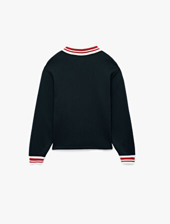 Nakış Detaylı Uzun Kollu Şardonlu Polo Yaka Oversize Sweatshirt