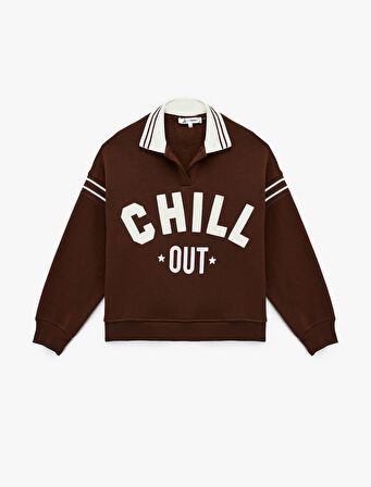 Üç İplik Şardonlu Uzun Kollu Baskılı Biyeli Oversize Polo Yaka Sweatshirt