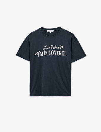 Kısa Kollu Bisiklet Yaka Pamuklu Baskılı Oversize Tişört