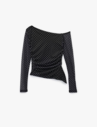 Asimetrik Yaka Uzun Kollu Puantiyeli Tişört