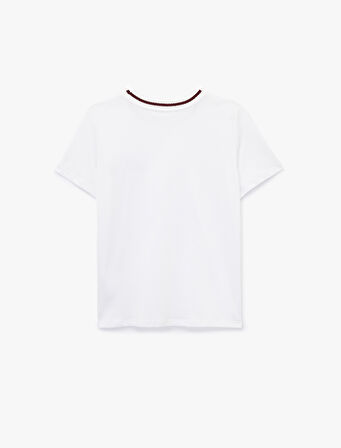 Kısa Kollu Yaka Detaylı Bisiklet Yaka Pamuklu İşlemeli Tişört