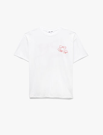 Bisiklet Yaka Kısa Kollu Pamuklu Arkası Fiyonk Baskılı Oversize Tişört