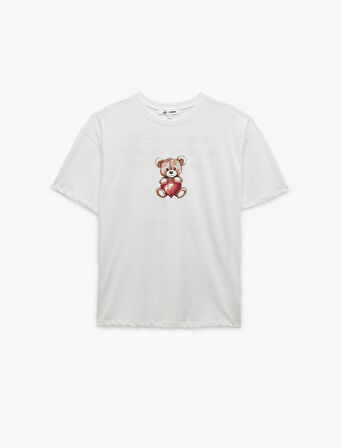 Kısa Kollu Bisiklet Yaka Pamuklu Ayıcık Baskılı Oversize Tişört