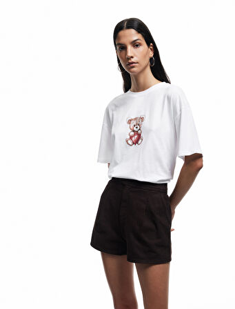 Kısa Kollu Bisiklet Yaka Pamuklu Ayıcık Baskılı Oversize Tişört