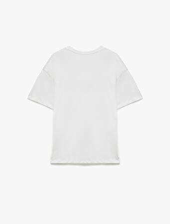 Kısa Kollu Bisiklet Yaka Köpek Nakışlı Pamuklu Tişört