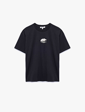 Nakış Detaylı Rahat Kalıp Bisiklet Yaka Kısa Kollu Tişört