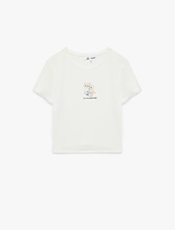 Kısa Kollu Bisiklet Yaka Pamuklu Kedi Baskılı Tişört