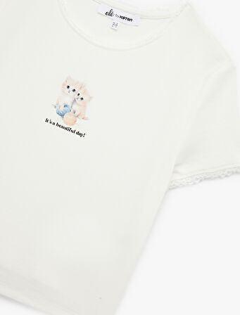 Kısa Kollu Bisiklet Yaka Pamuklu Kedi Baskılı Tişört