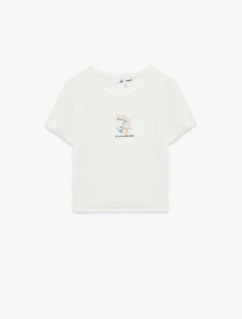 Kısa Kollu Bisiklet Yaka Pamuklu Kedi Baskılı Tişört