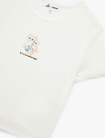 Kısa Kollu Bisiklet Yaka Pamuklu Kedi Baskılı Tişört