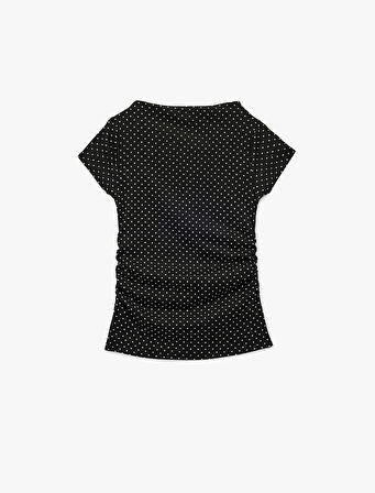 Puantiyeli Dik Yaka Kısa Kollu Slim Fit Bürümcük Drapeli Tişört