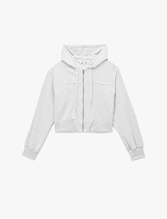 Rahat Kalıp Cep Detaylı Kapüşonlu Fermuarlı Crop Sweatshirt