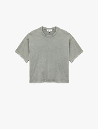 Kısa Kollu Bisiklet Yaka Pamuklu Yıkamalı Oversize Tişört