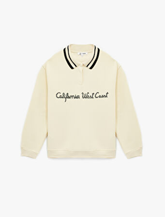 Uzun Kollu Düğmeli Nakışlı Şardonlu Oversize Polo Yaka Sweatshirt