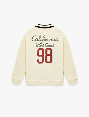 Uzun Kollu Düğmeli Nakışlı Şardonlu Oversize Polo Yaka Sweatshirt