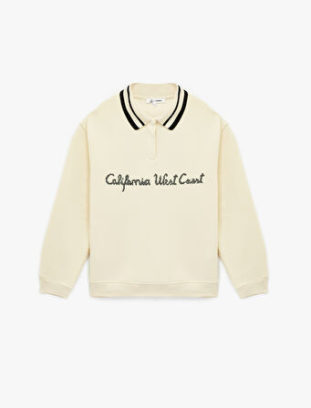 Uzun Kollu Düğmeli Nakışlı Şardonlu Oversize Polo Yaka Sweatshirt