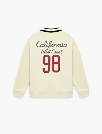 Uzun Kollu Düğmeli Nakışlı Şardonlu Oversize Polo Yaka Sweatshirt