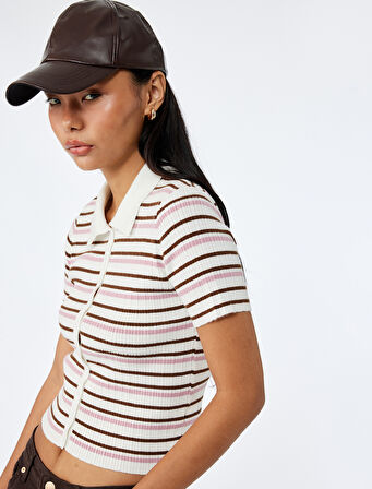 Çizgili Düğmeli Polo Yaka Kısa Kollu Triko Bluz