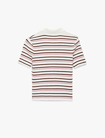 Çizgili Düğmeli Polo Yaka Kısa Kollu Triko Bluz