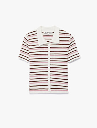 Çizgili Düğmeli Polo Yaka Kısa Kollu Triko Bluz