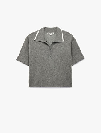 Biyeli Düğmeli Polo Yaka Kısa Kollu Triko Kazak