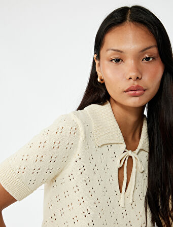 Ajurlu Bebe Yaka Fiyonklu Kısa Kollu Triko Kazak