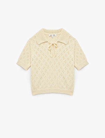 Ajurlu Bebe Yaka Fiyonklu Kısa Kollu Triko Kazak