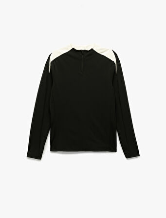 Uzun Kollu Renk Kontrastlı Fermuar Detaylı Bisiklet Yaka Spor Tişört