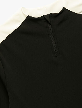 Uzun Kollu Renk Kontrastlı Fermuar Detaylı Bisiklet Yaka Spor Tişört