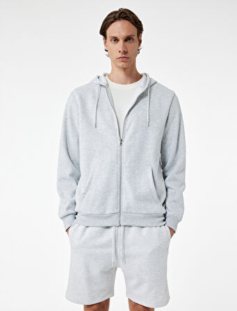 Uzun Kollu Fermuarlı Kanguru Cepli Kapüşonlu Oversize Spor Sweatshirt