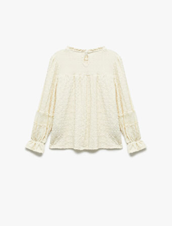 Yuvarlak Yaka Fırfırlı Uzun Kollu Dantel Detaylı Bluz