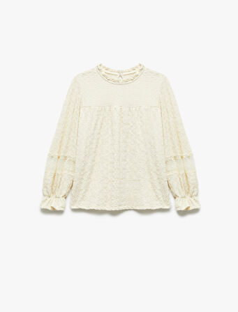 Yuvarlak Yaka Fırfırlı Uzun Kollu Dantel Detaylı Bluz