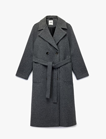 Uzun Kollu Cepli Düğmeli Kruvaze Kemerli Uzun Kaşe Kaban