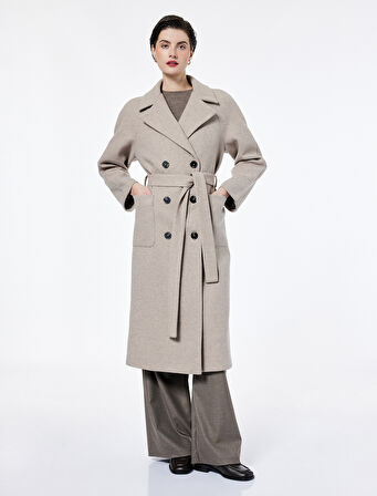 Uzun Kollu Cepli Kemerli Kruvaze Uzun Kaşe Kaban