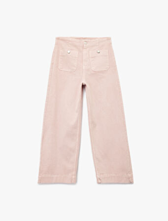 Yüksek Bel Cep Detaylı Düğmeli Kısa Geniş Paça Pantolon - Culotte Jeans