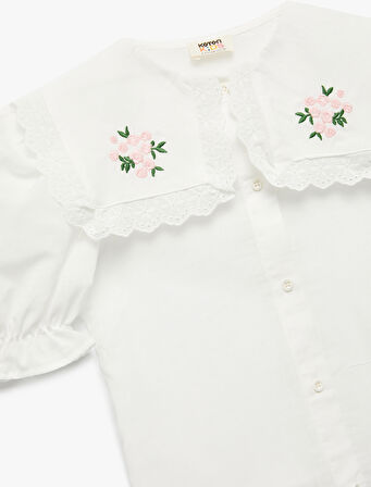 Pamuklu Çiçek İşlemeli Bebe Yaka Balon Kollu Gömlek 